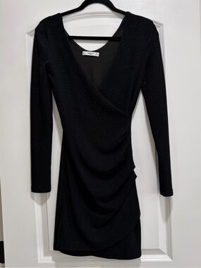 Mango Black Long Sleeve Ruched Wrap Mini Dress - Size 4.